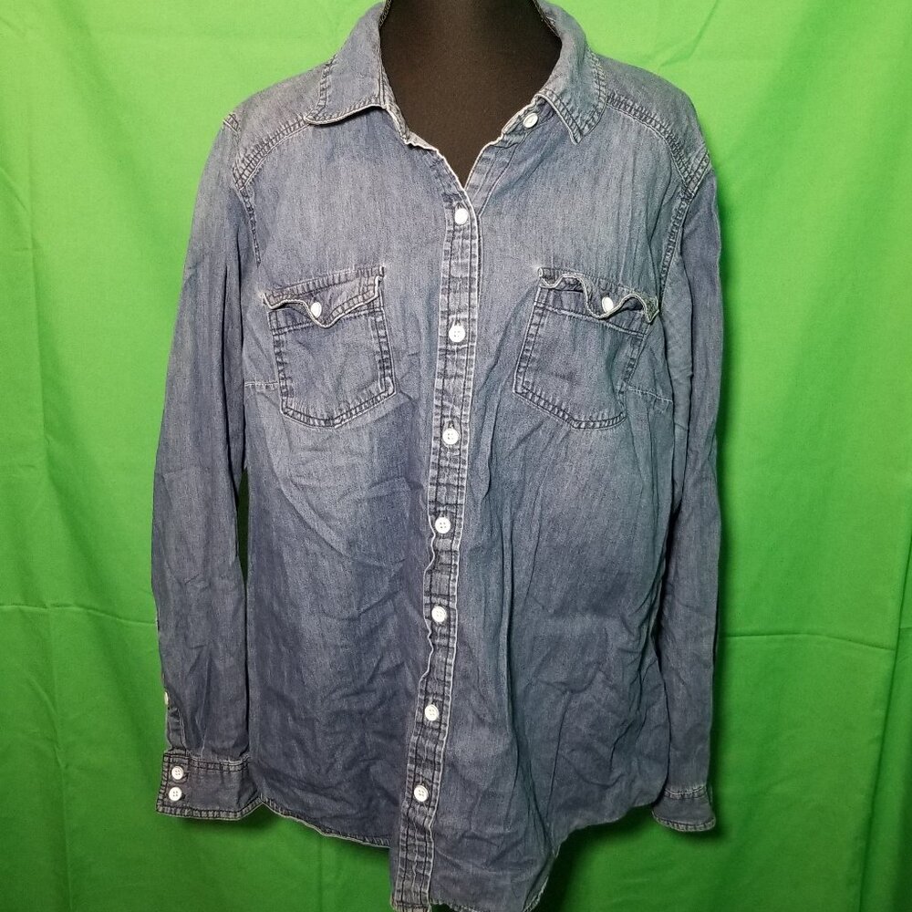 Torrid Womens Size 0 Medium Wash Denim‎ Button Down Long Sleeve Shirt Blue Biker